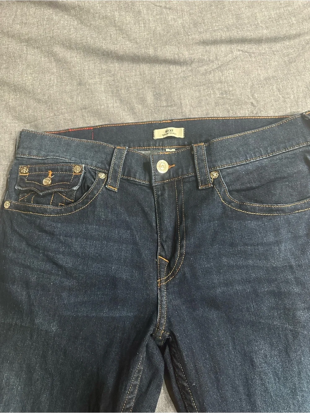True Religion Men’s Dark Blue Boot Cut Jeans with Signature Pocket Stitch